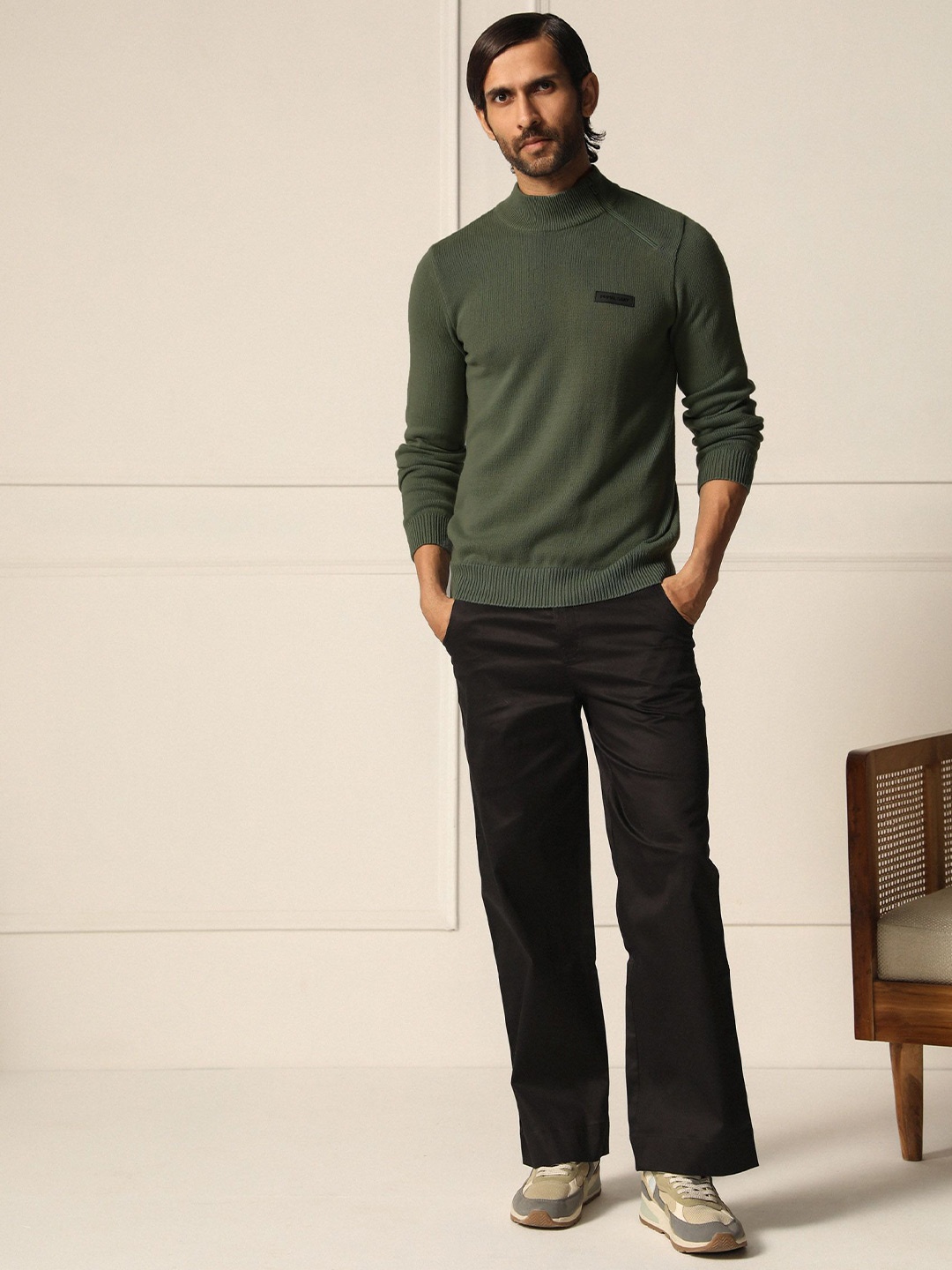 

PRIMAL GRAY Men Turtle Neck Cotton Pullover, Green