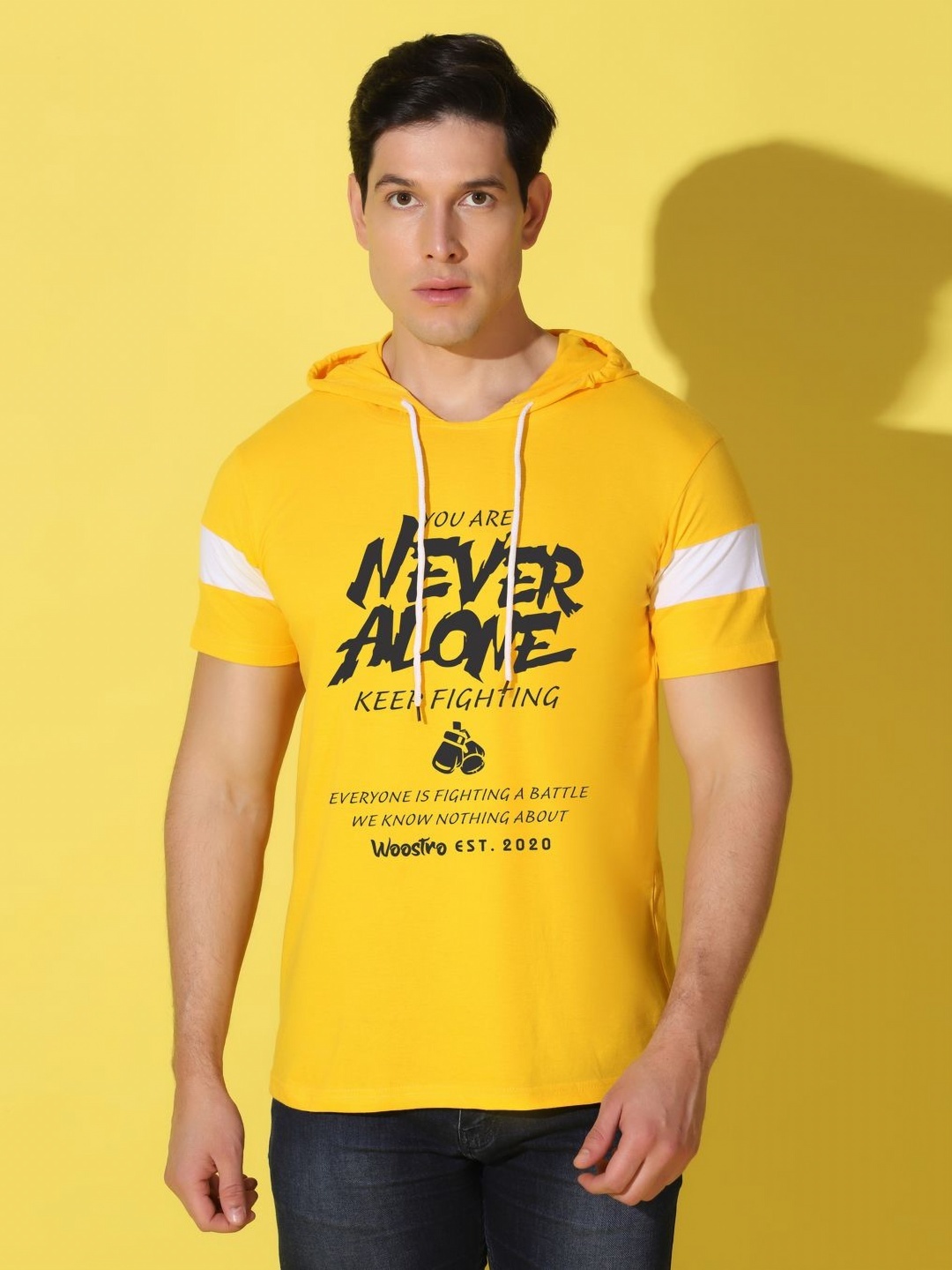 

WOOSTRO Men Typography Printed Hooded Slim Fit T-shirt, Yellow