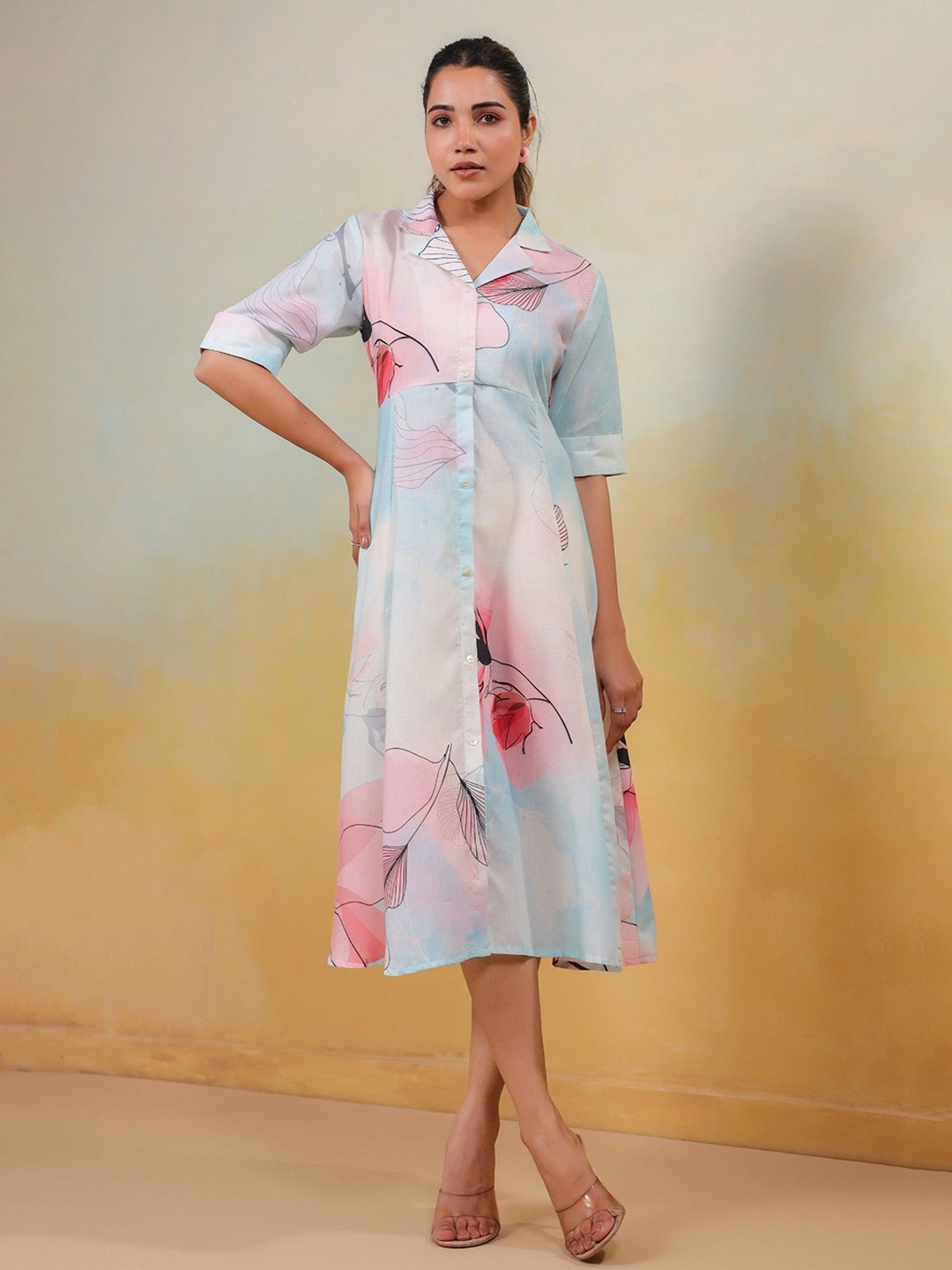 

FLAVIA CREATION Women Cotton Floral Printed Shirt Midi Dress, Multi