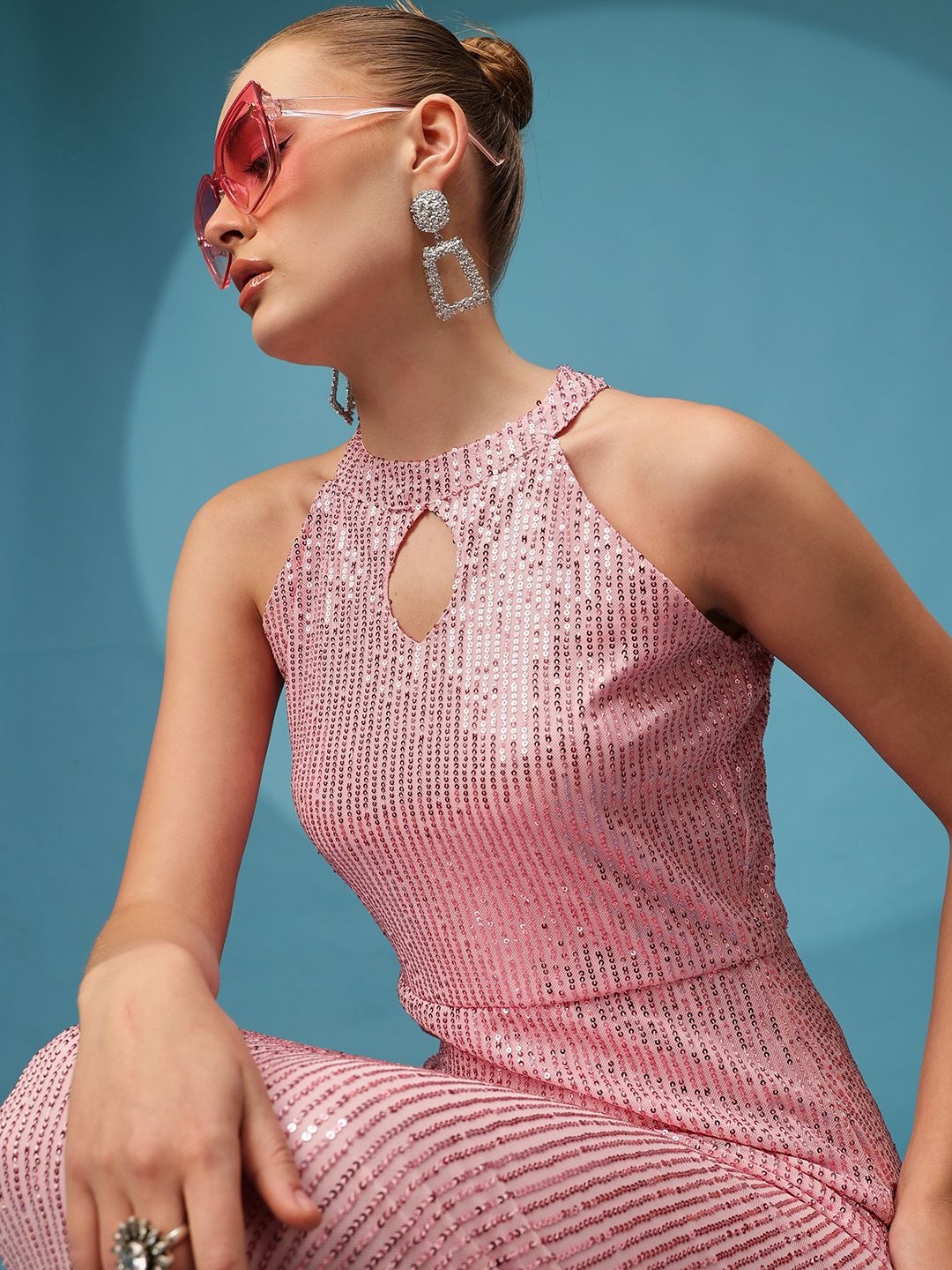 

ATRAENTA Women Embellished Keyhole Neck Net Maxi Dress, Pink