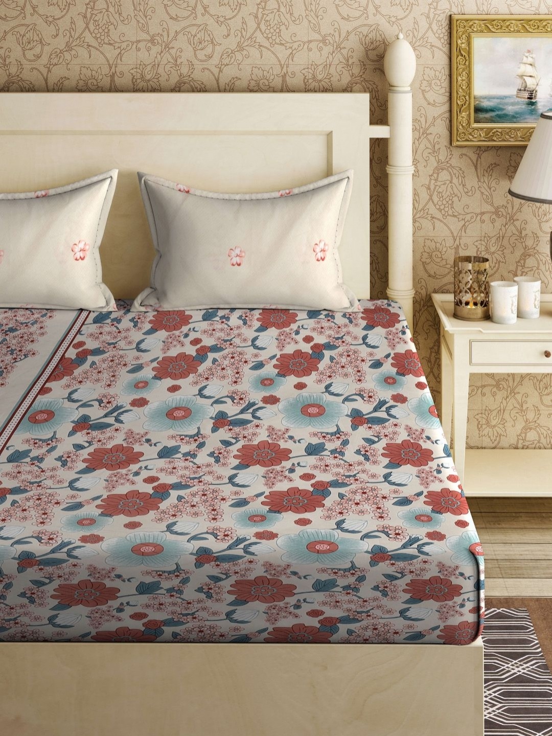 

Myntra Elegant Homes Blue & White Printed 300 TC King Bedsheet Set - 2.50 m x 2.20 m, Beige
