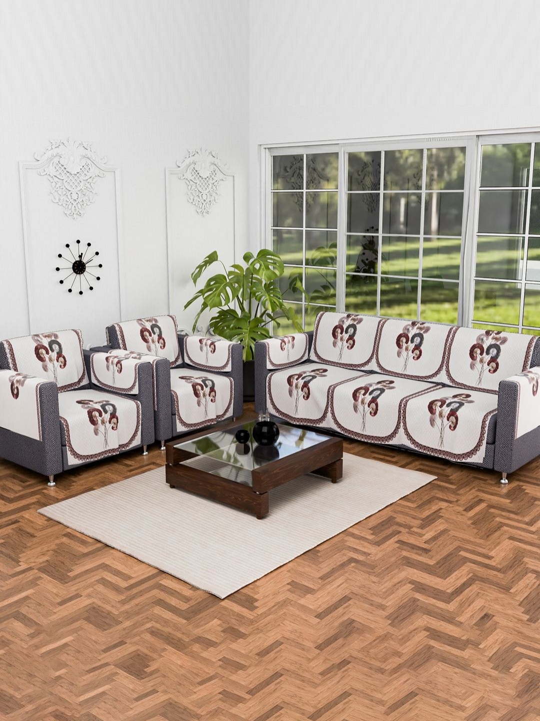 

Aura Cream-Coloured & Brown 16 Pieces Floral Printed 5 Seater Velvet Sofa Covers With Arms