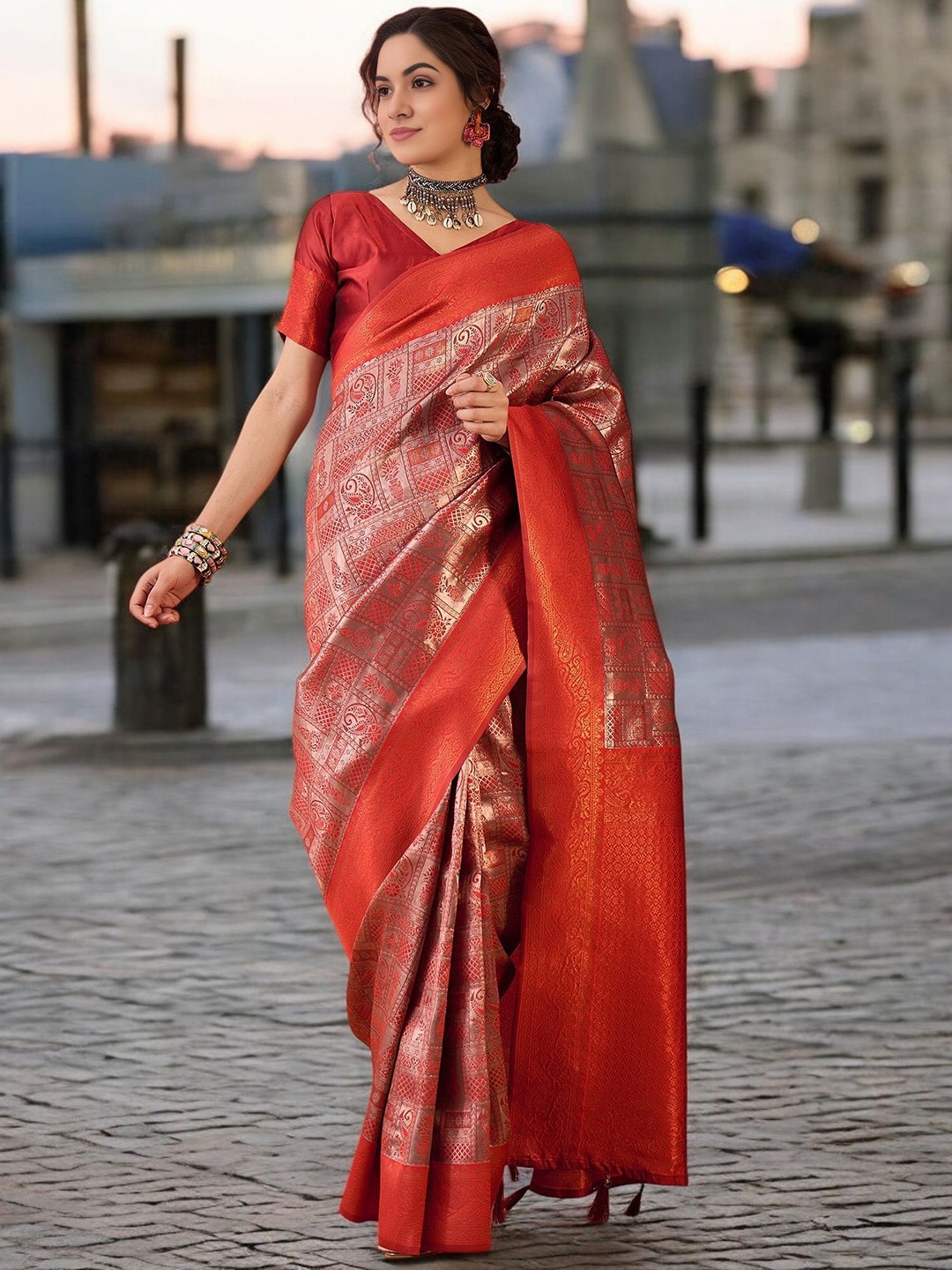 

KIMISHA Woven Design Zari Banarasi Saree, Rust