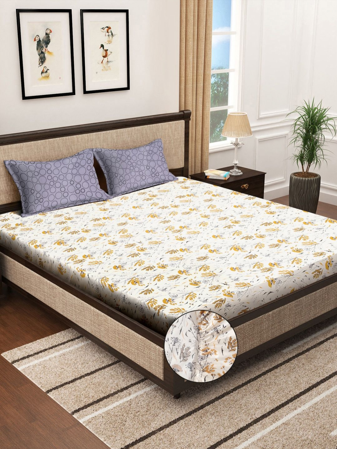 

Myntra Elegant Homes Cream Printed Fitted 300 TC King Bedsheet Set-2.70 m x 2.70 m
