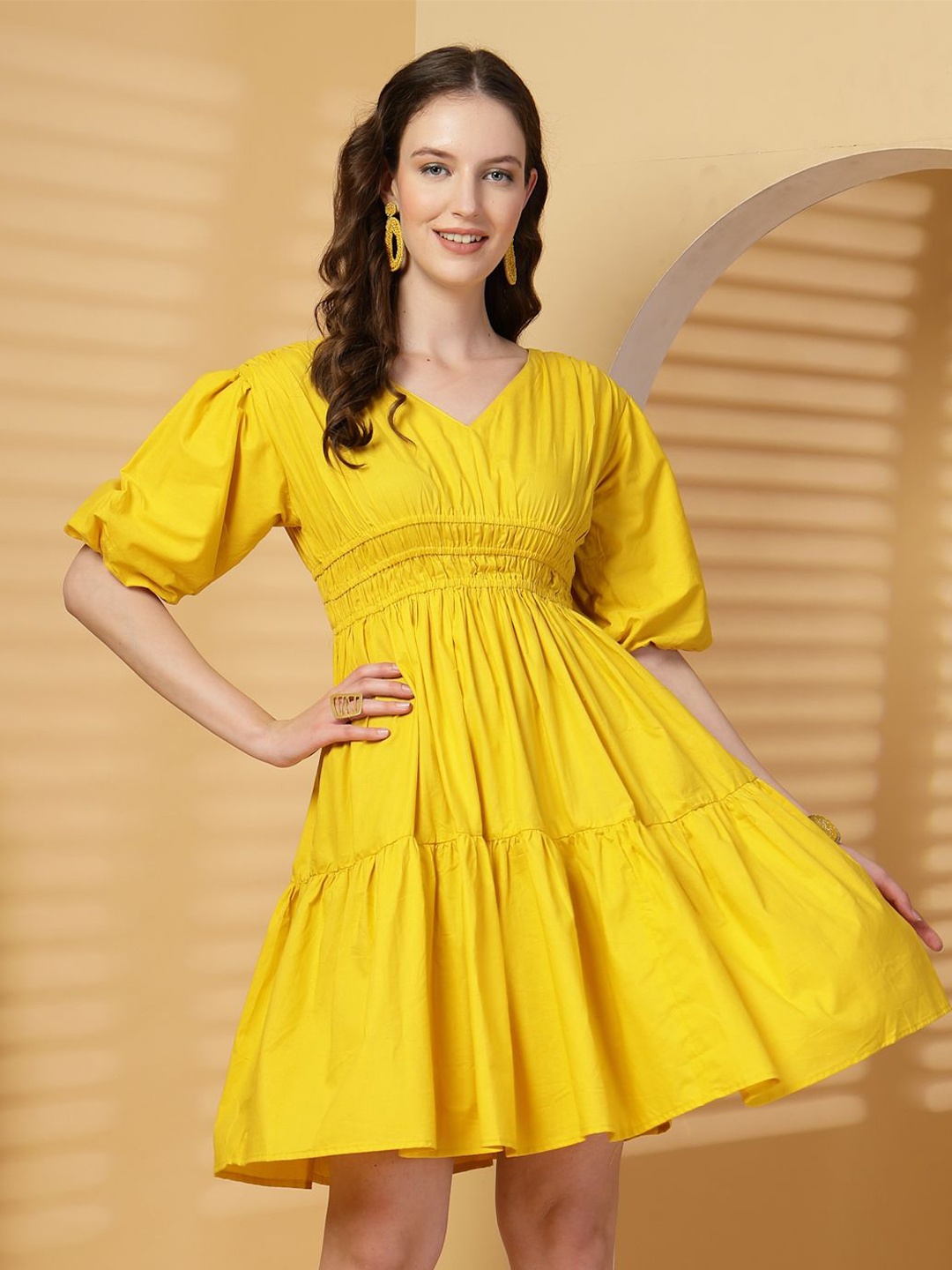

Clora Creation V-Neck Puff Sleeves Cotton Fit & Flare Dress, Yellow