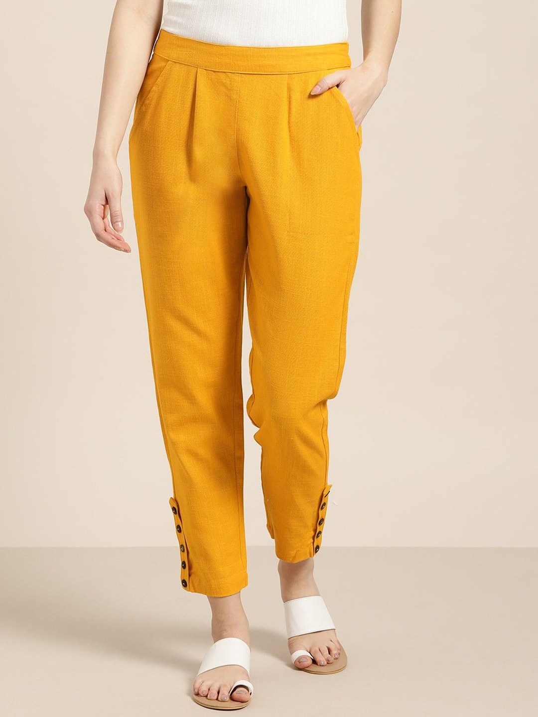 

CORSICA Women Relaxed Pleated Pure Cotton Cigarette Trousers, Mustard