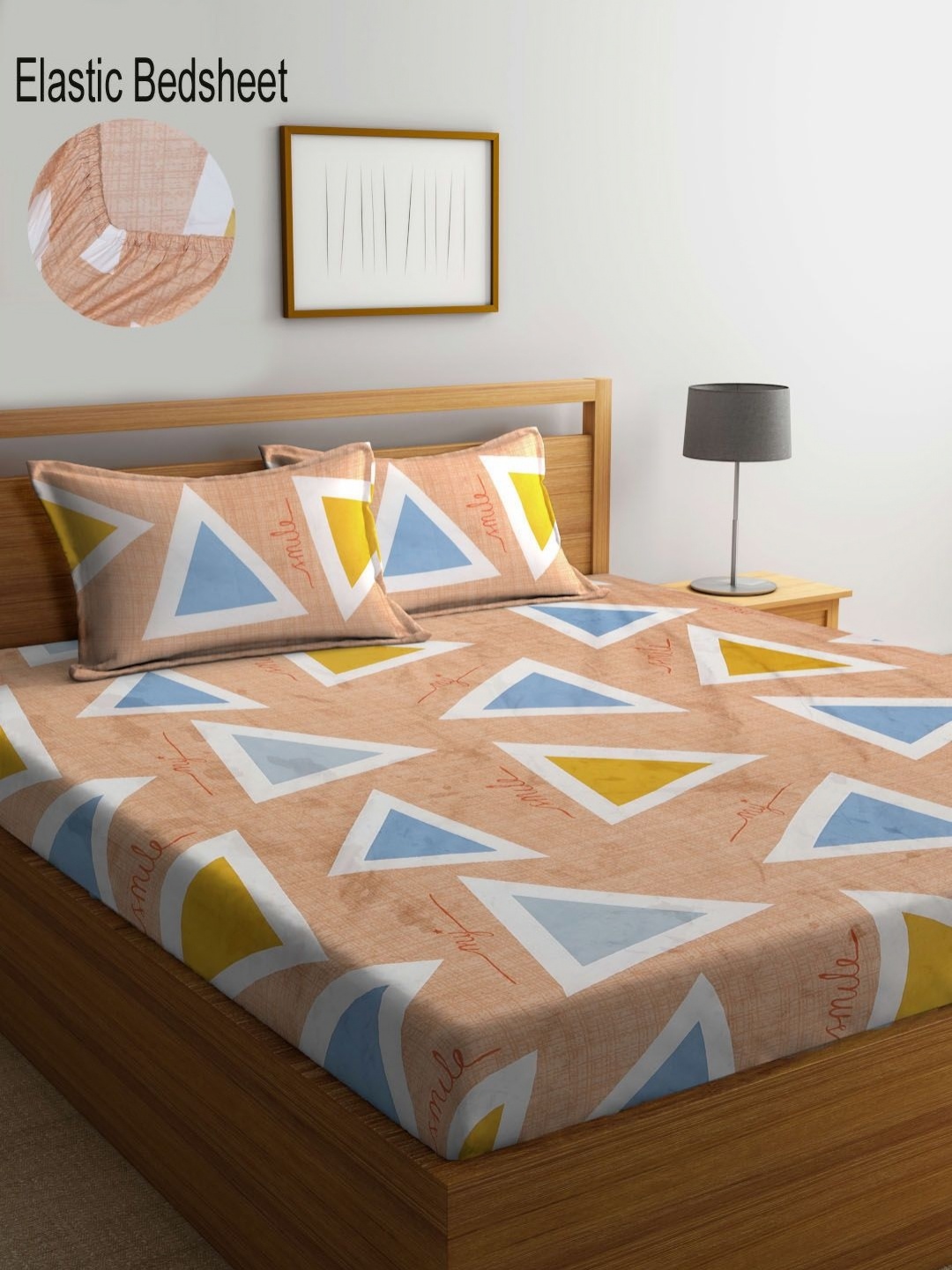 

Myntra Elegant Homes Peach & Blue Geometric 300 TC King Bedsheet with 2 Pillow Covers