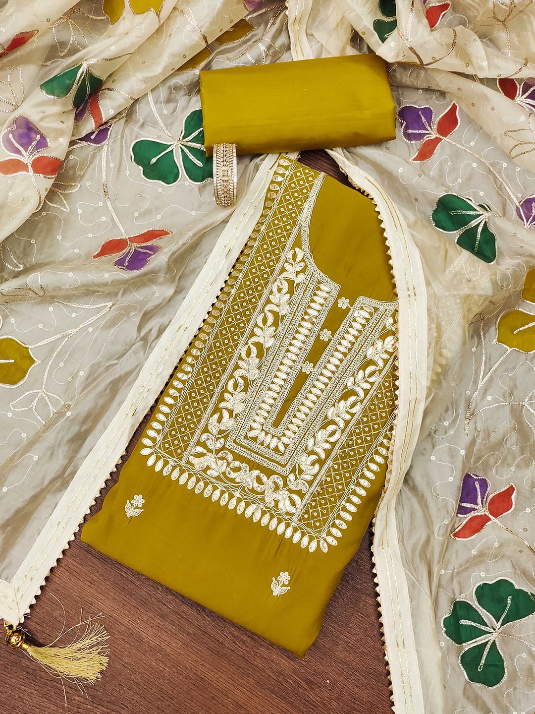 

SHADOW & SAINING Floral Embroidered Pure Silk Semi-Stitched Dress Material, Lime green