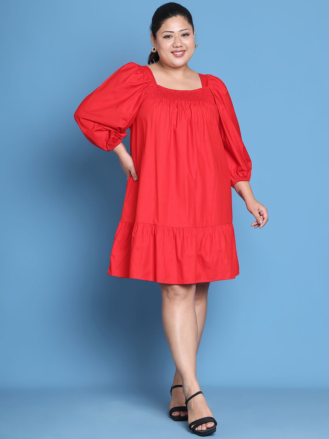 

theRebelinme Women Puff Sleeve A-Line Dress, Red