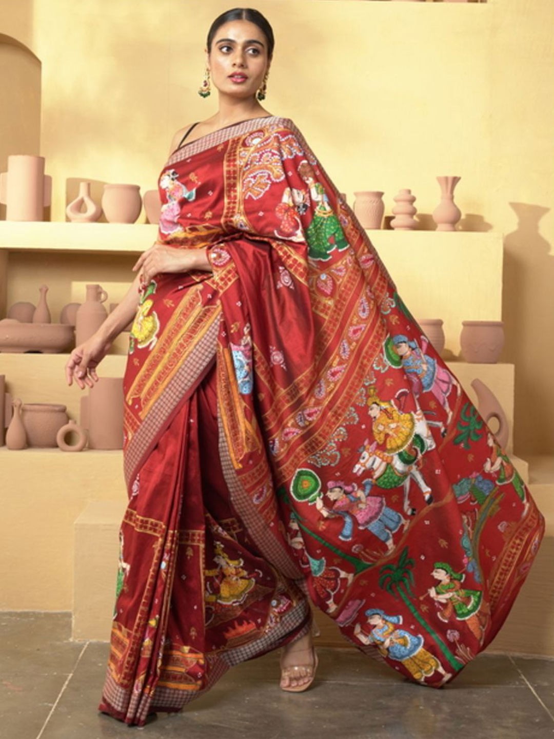 

HOUSE OF MAITHILI Kalamkari Printed Pure Silk Saree, Red