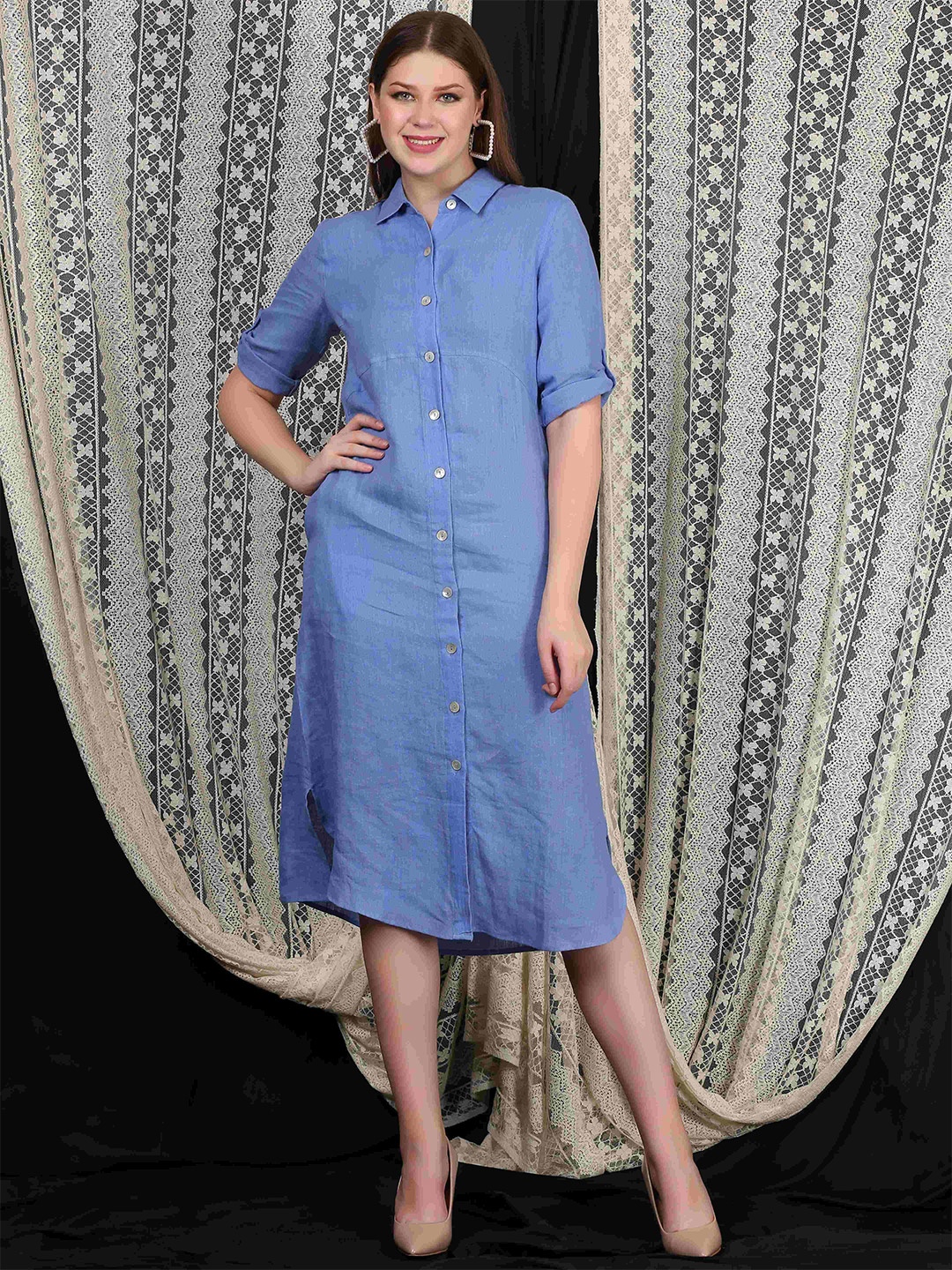 

ECO LEAS BY SHIPRA Women Linen Shirt Midi Dress, Blue