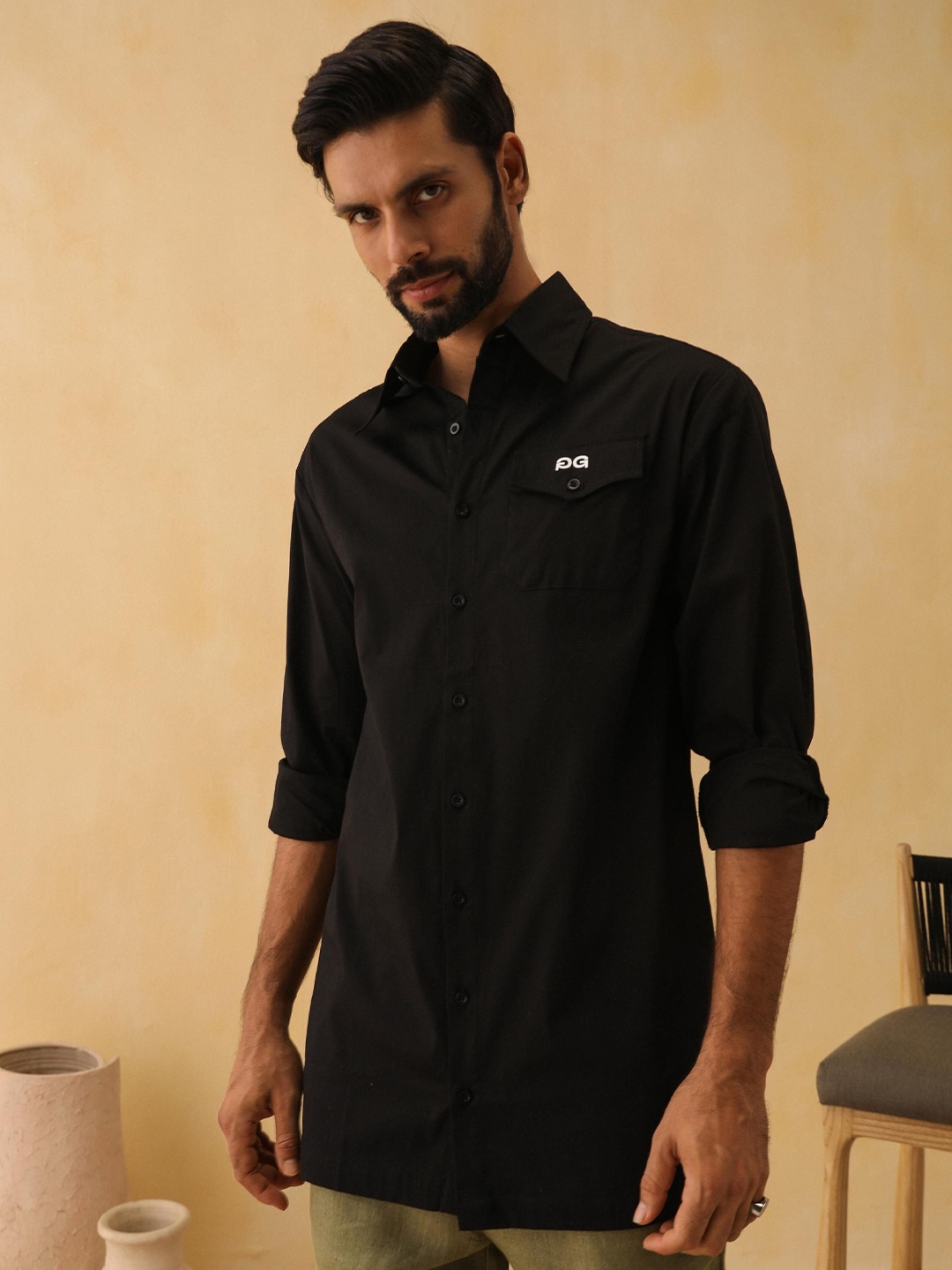 

PRIMAL GRAY Men Relaxed Fit Spread Collar Solid Cotton Casual Shirt, Black