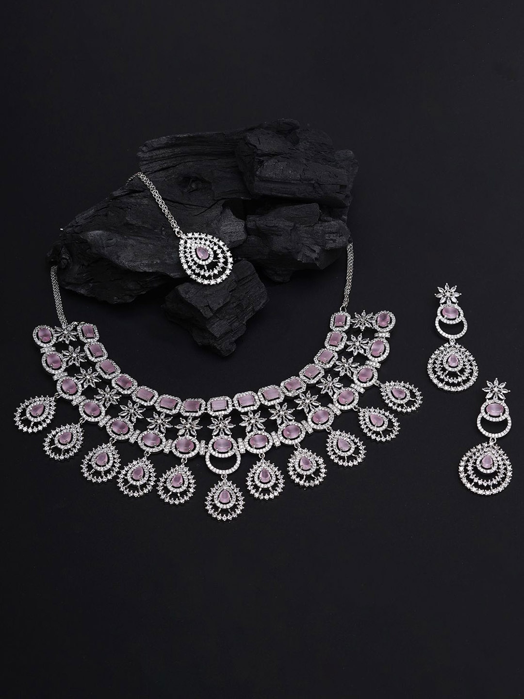 

justpeachy Rhodium-Plated American Diamond Stone Studded Jewellery Set, Silver
