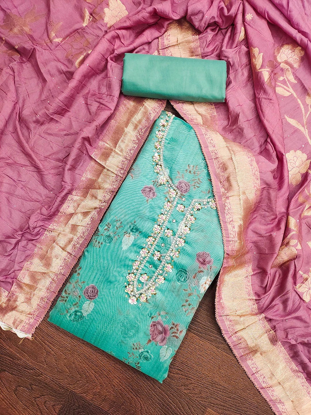 

SHADOW & SAINING Floral Woven Design Organja Jacquard Semi-Stitched Dress Material, Sea green