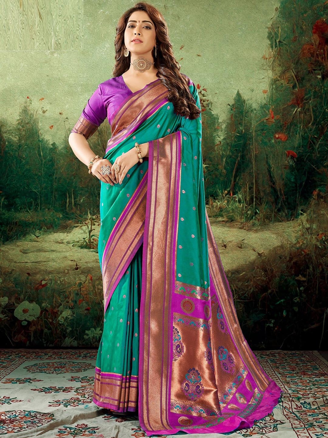 

MAHALASA Woven Design Zari Pure Silk Paithani Saree, Sea green