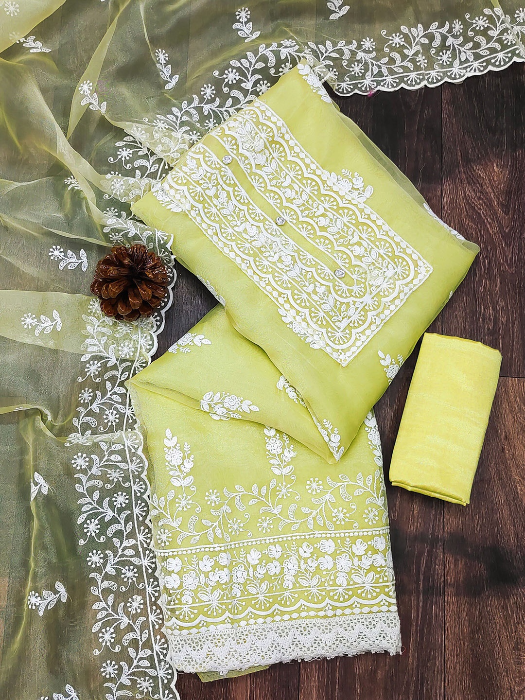 

SHADOW & SAINING Floral Embroidered Organza Unstitched Dress Material, Yellow