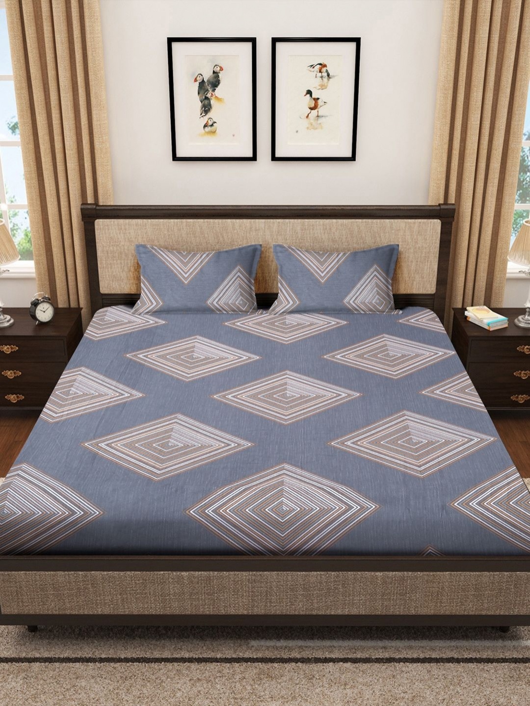 

Myntra Elegant Homes Grey & Brown Printed 300 TC Fitted King Bedsheet Set-2.50 m x 2.20 m