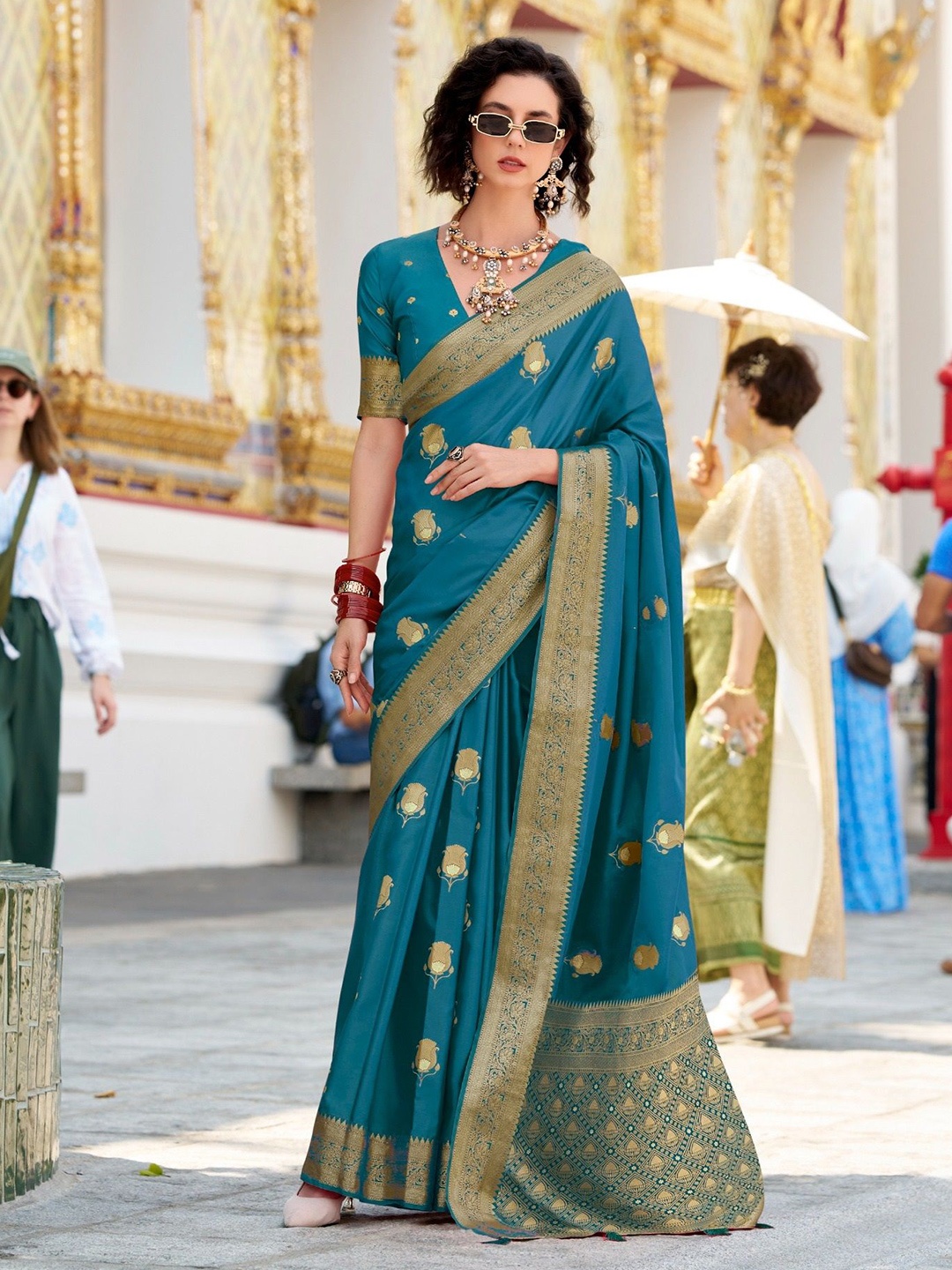 

MAHALASA Woven Design Printed Zari Pure Silk Banarasi Saree, Turquoise blue
