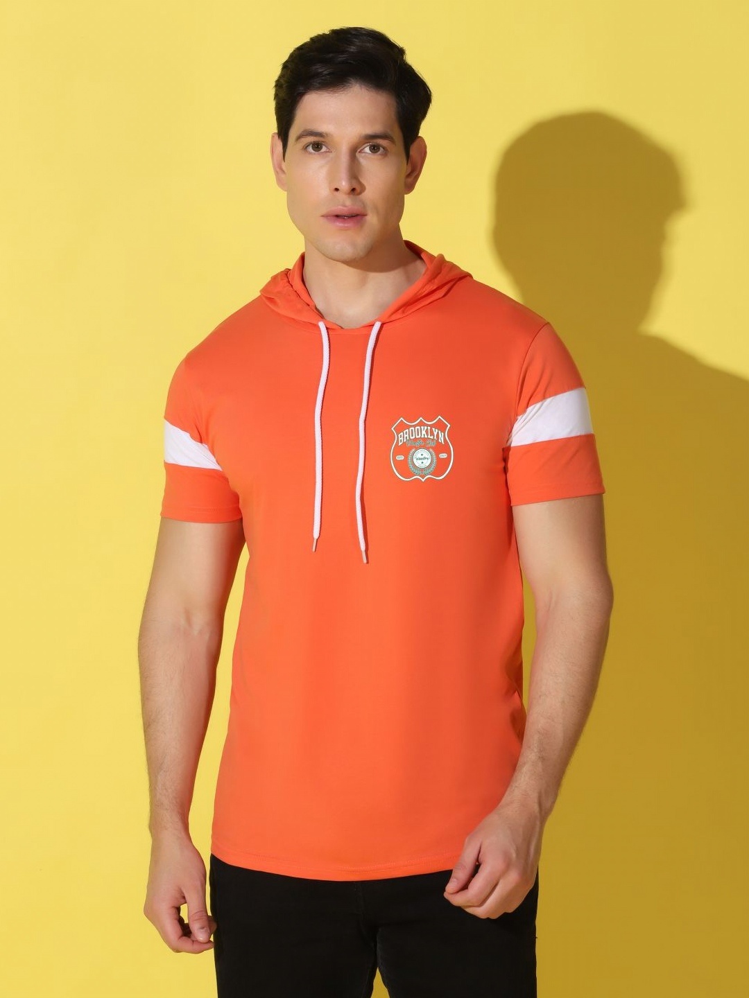 

WOOSTRO Men Typography Printed Hooded Slim Fit T-shirt, Orange