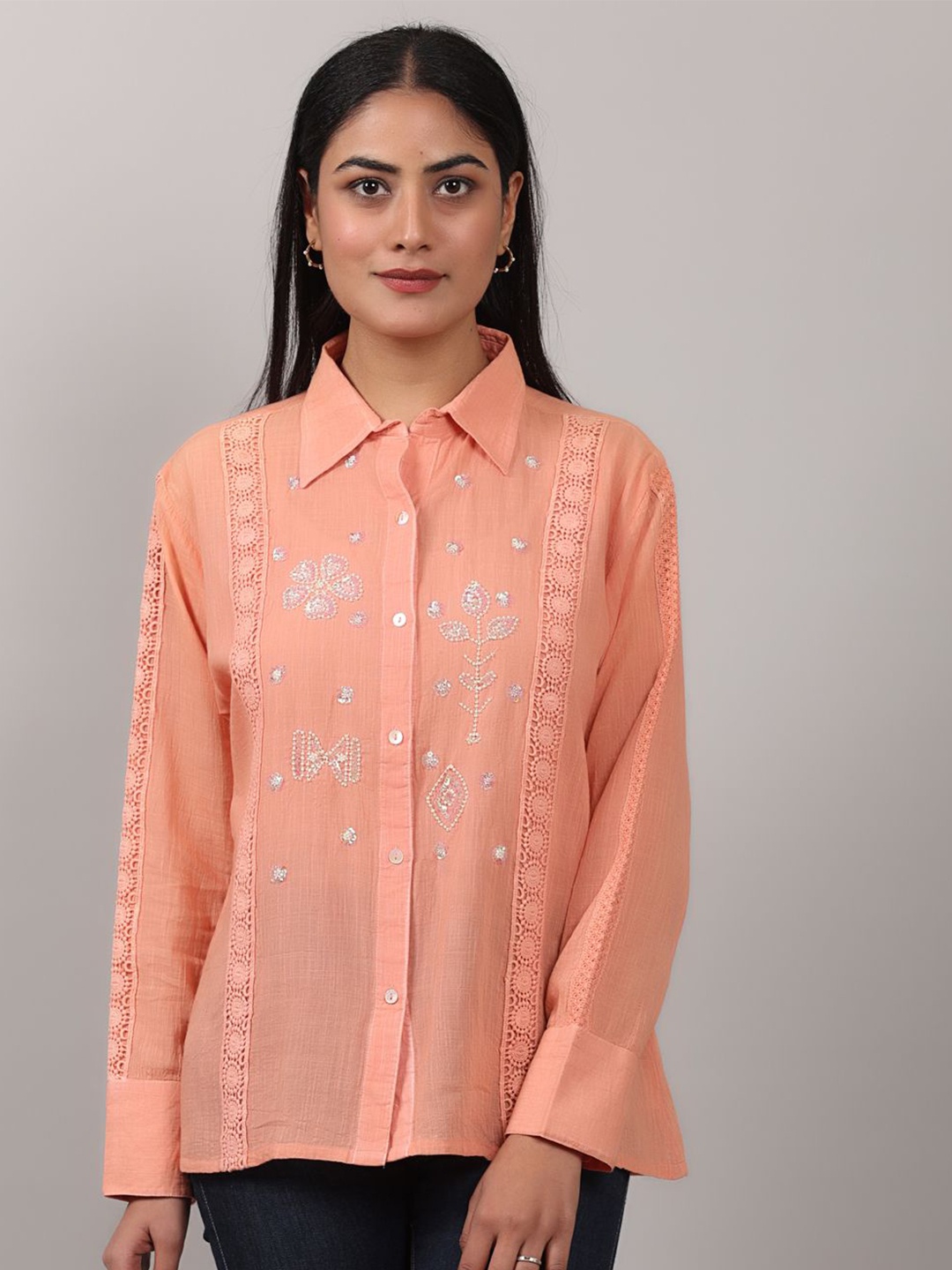 

Oskos Embroidered Cotton Top, Peach