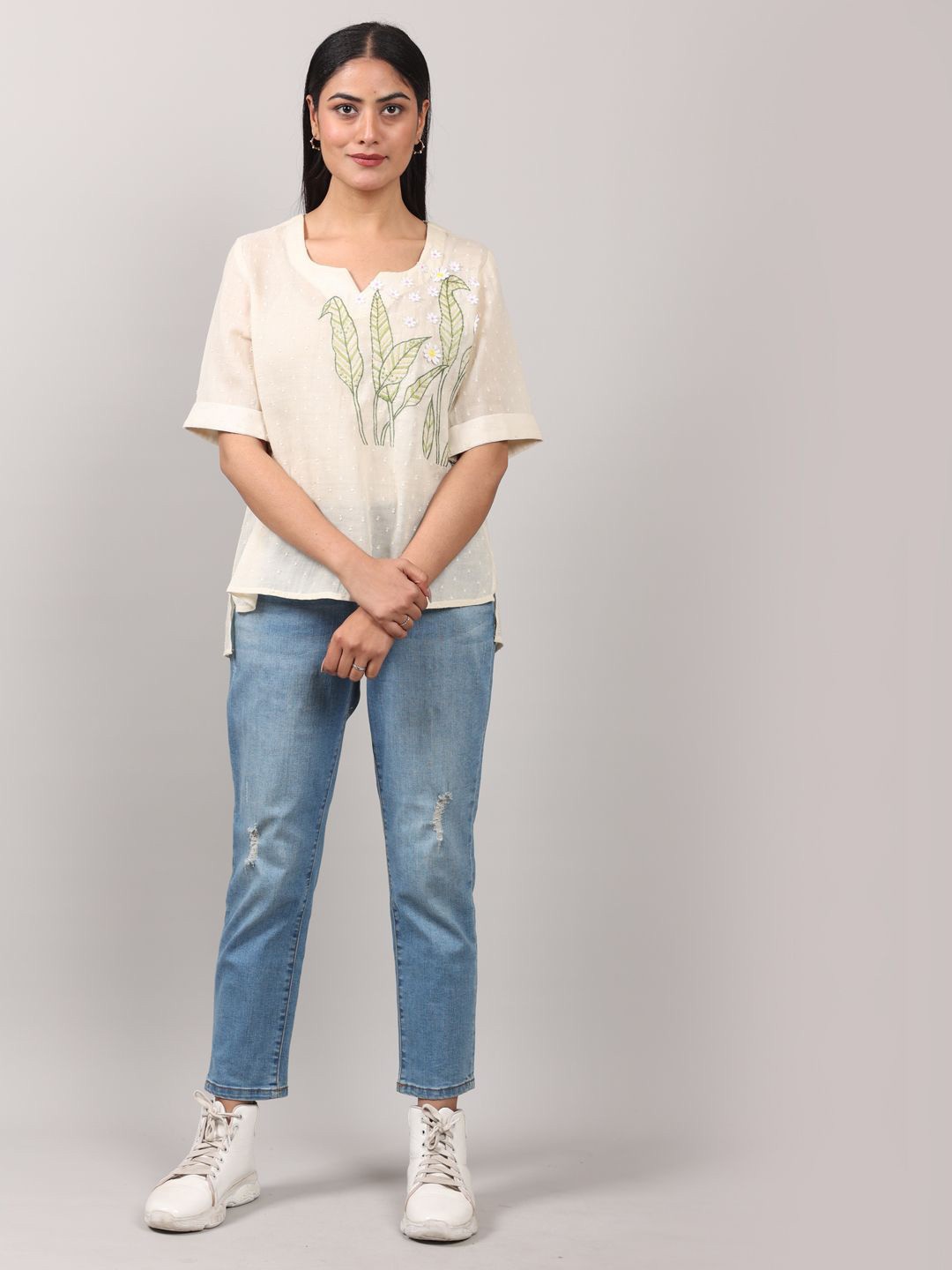 

Oskos Embroidered Cotton Top, Cream