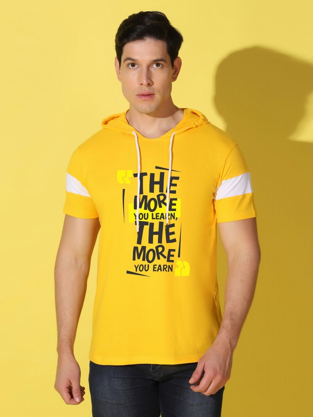 

WOOSTRO Men Typography Printed Hooded Slim Fit T-shirt, Yellow