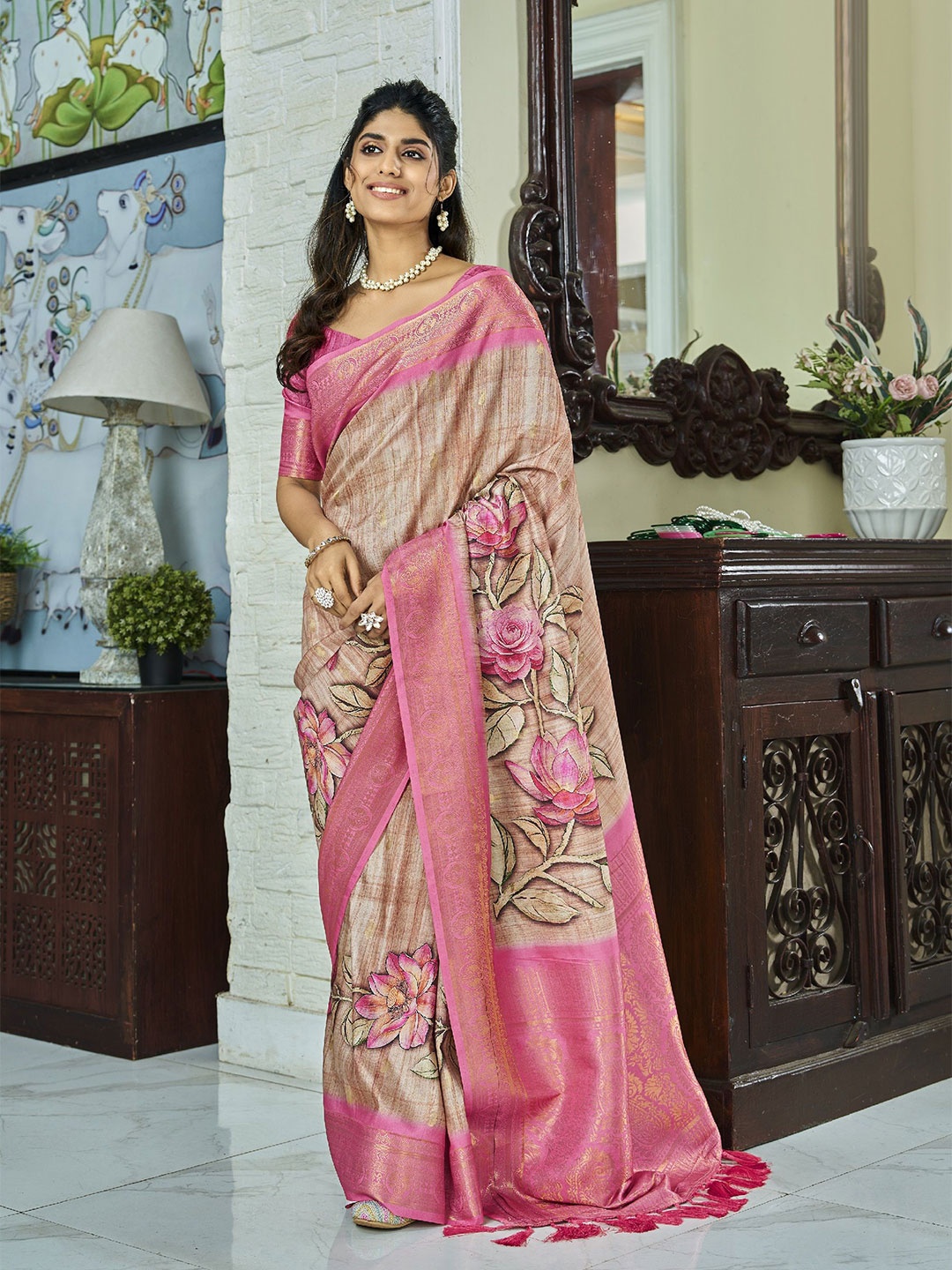 

MAHALASA Floral Printed Woven Design Zari Saree, Brown
