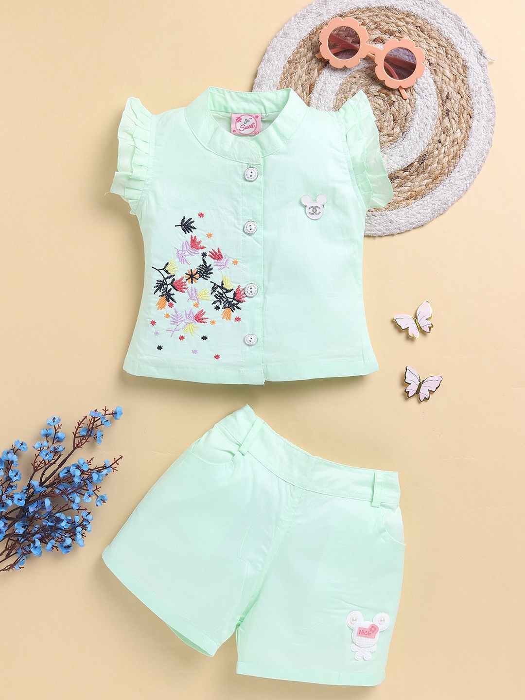 

Toonyport Girls Printed MAndarin Collar Top with Shorts, Blue