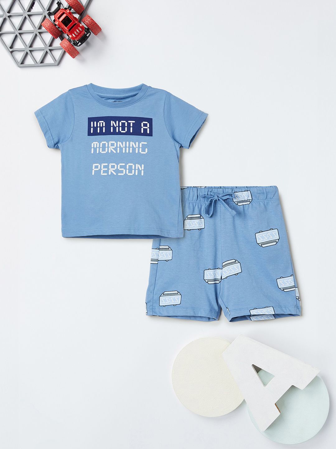 

max Boys Printed Round Neck Pure Cotton T-shirt With Shorts, Blue