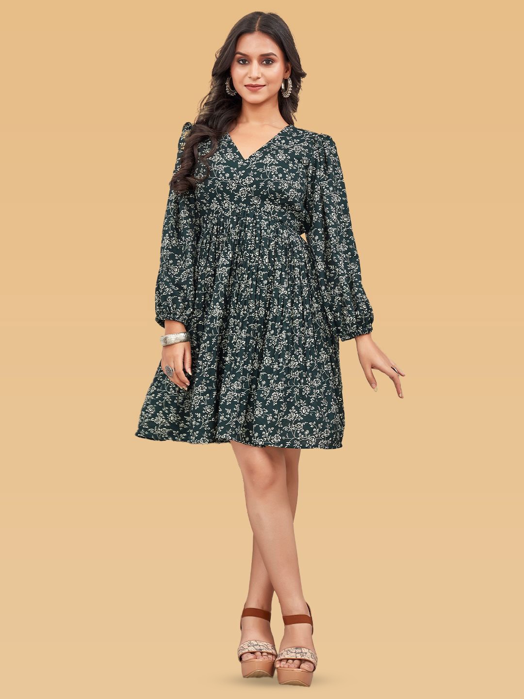 

ODD BY chansi TRENDZ Women Cotton V-Neck Floral Printed Puff Sleeve Empire Dress, Green