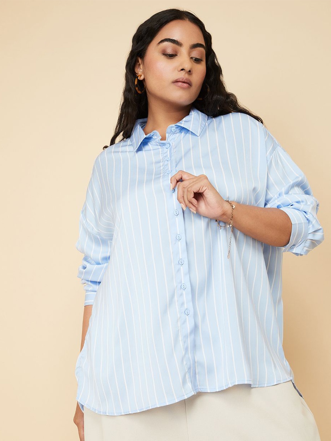 

max Women Opaque Striped Casual Shirt, Blue
