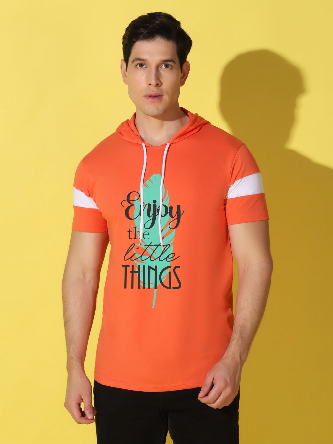 

WOOSTRO Men Typography Printed Hooded Slim Fit T-shirt, Orange