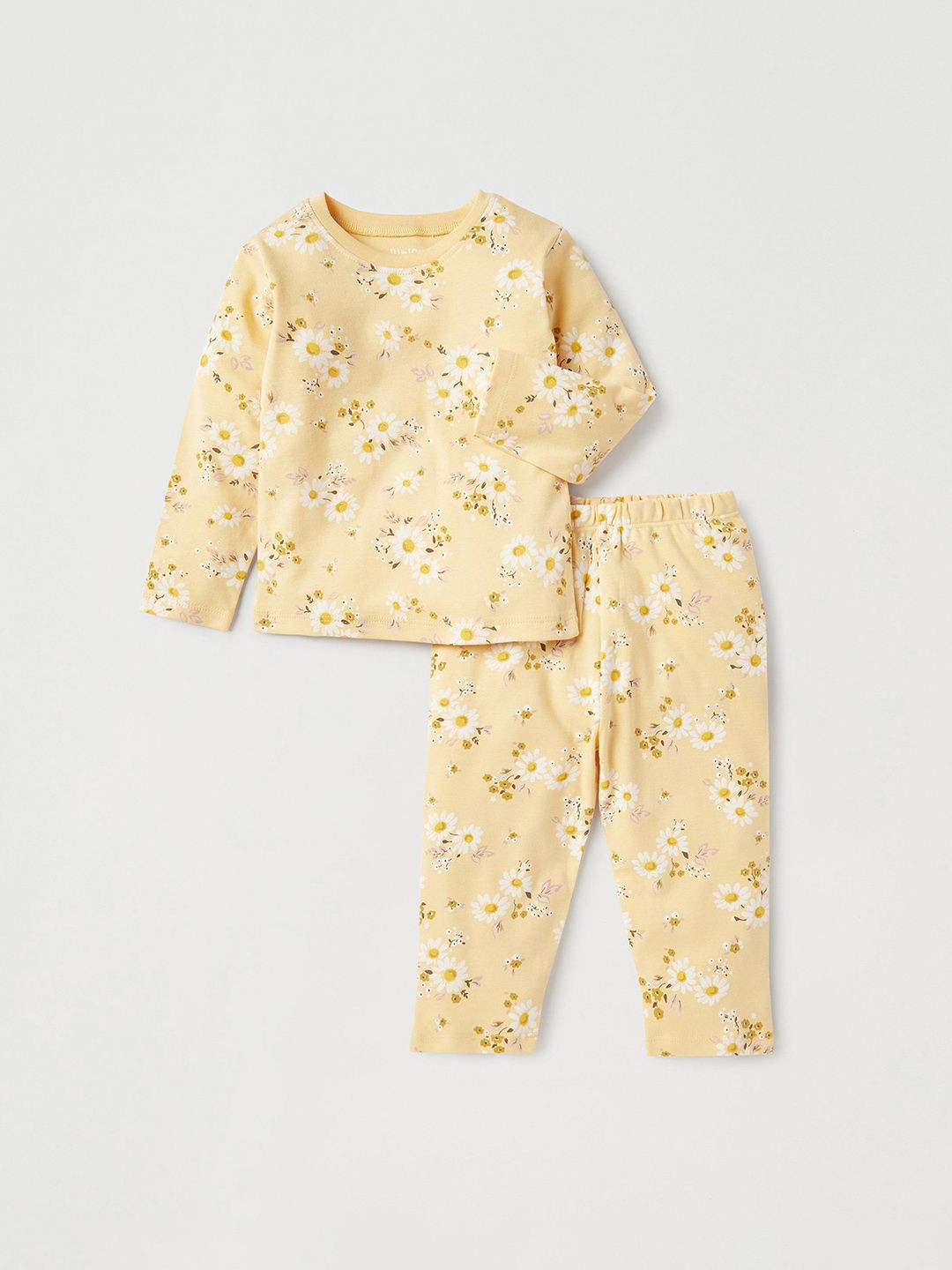 

Juniors by Babyshop Girls Floral Printed Round Neck Pure Cotton T-Shirt With Pyjamas, Yellow