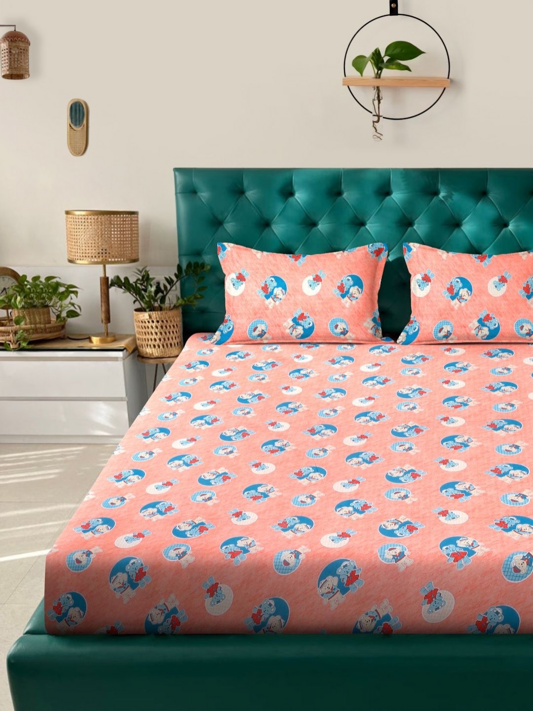 

KLOTTHE Orange-Coloured Cartoon Printed 400 TC Cotton Bedsheet Set 2.50 x 2.25 m