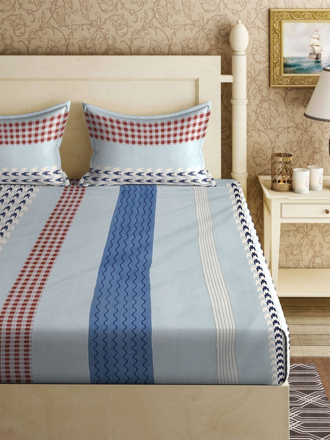 

Myntra Elegant Homes Blue & Grey Striped 300 TC Double King Bedsheet Set 2.50 m x 2.20 m