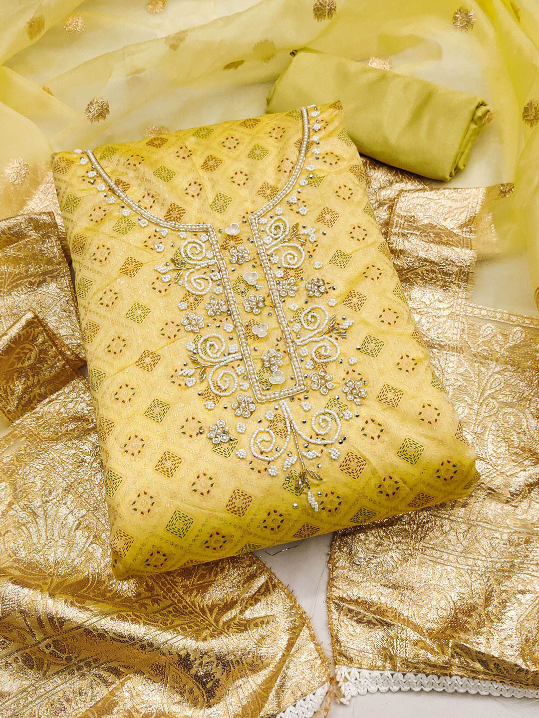 

SHADOW & SAINING Geometric Printed Beads and Stones Unstitched Dress Material, Yellow