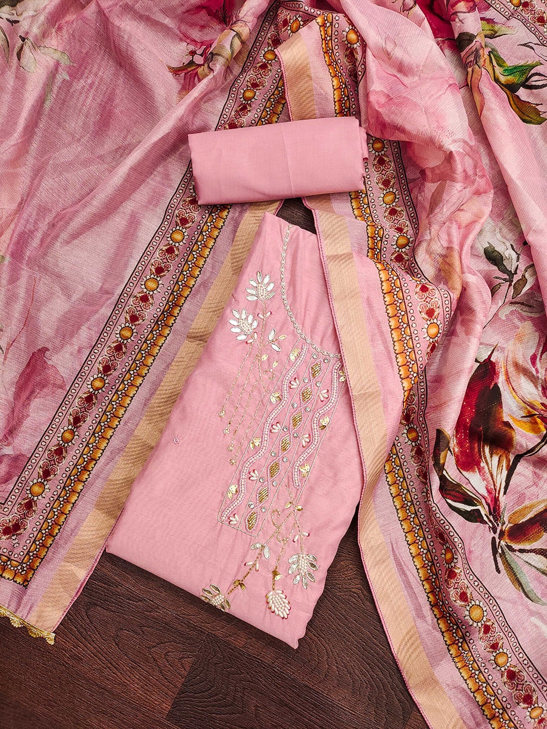 

SHADOW & SAINING Embellshed Semi-Stitched Dress Material, Pink