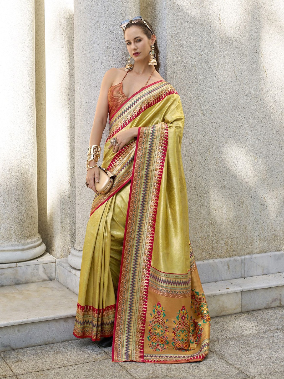 

MAHALASA Ethnic Motifs Zari Pure Silk Banarasi Saree, Yellow