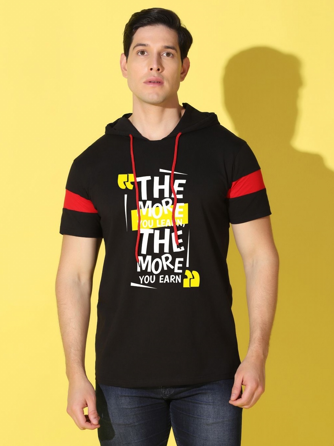 

WOOSTRO Men Typography Printed Hooded Slim Fit T-shirt, Black