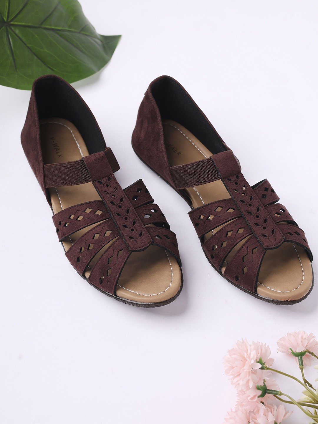 

V-WALK Women Laser Cuts Open Toe Slip-On Flats, Brown