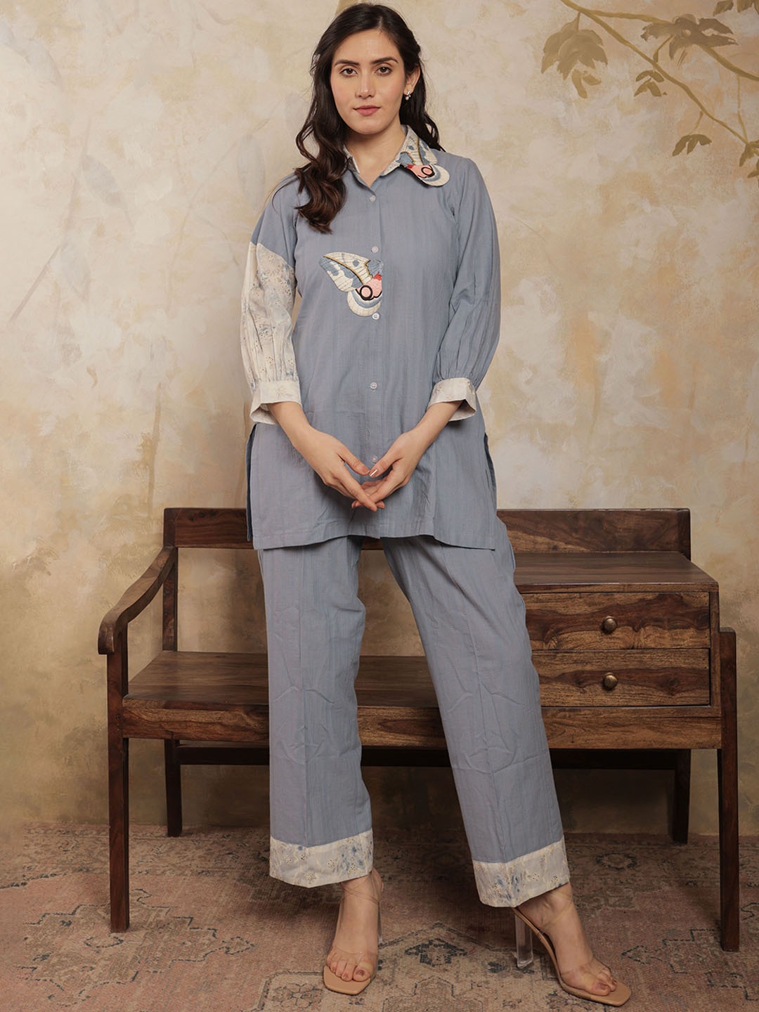 

SRIHA Embroidered Pure Cotton Shirt Collar Top With Trouser, Grey