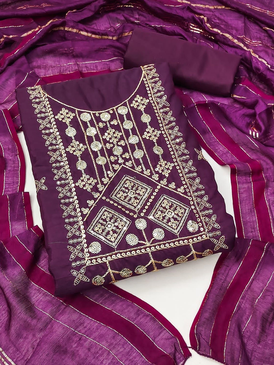 

SHADOW & SAINING Geometric Embroidered Sequinned Unstitched Dress Material, Purple
