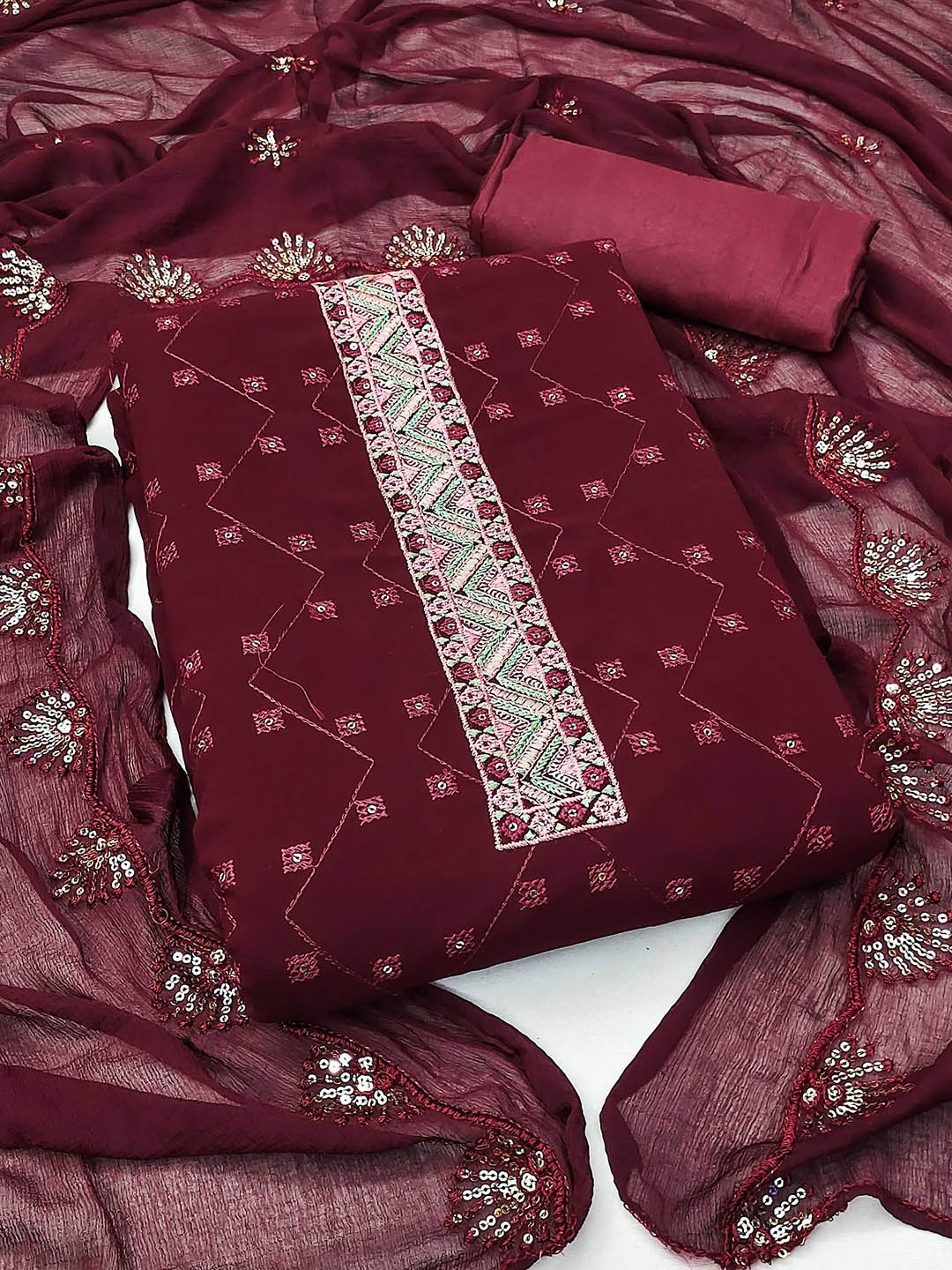 

SHADOW & SAINING Geometric Embroidered Sequinned Georgette Unstitched Dress Material, Maroon