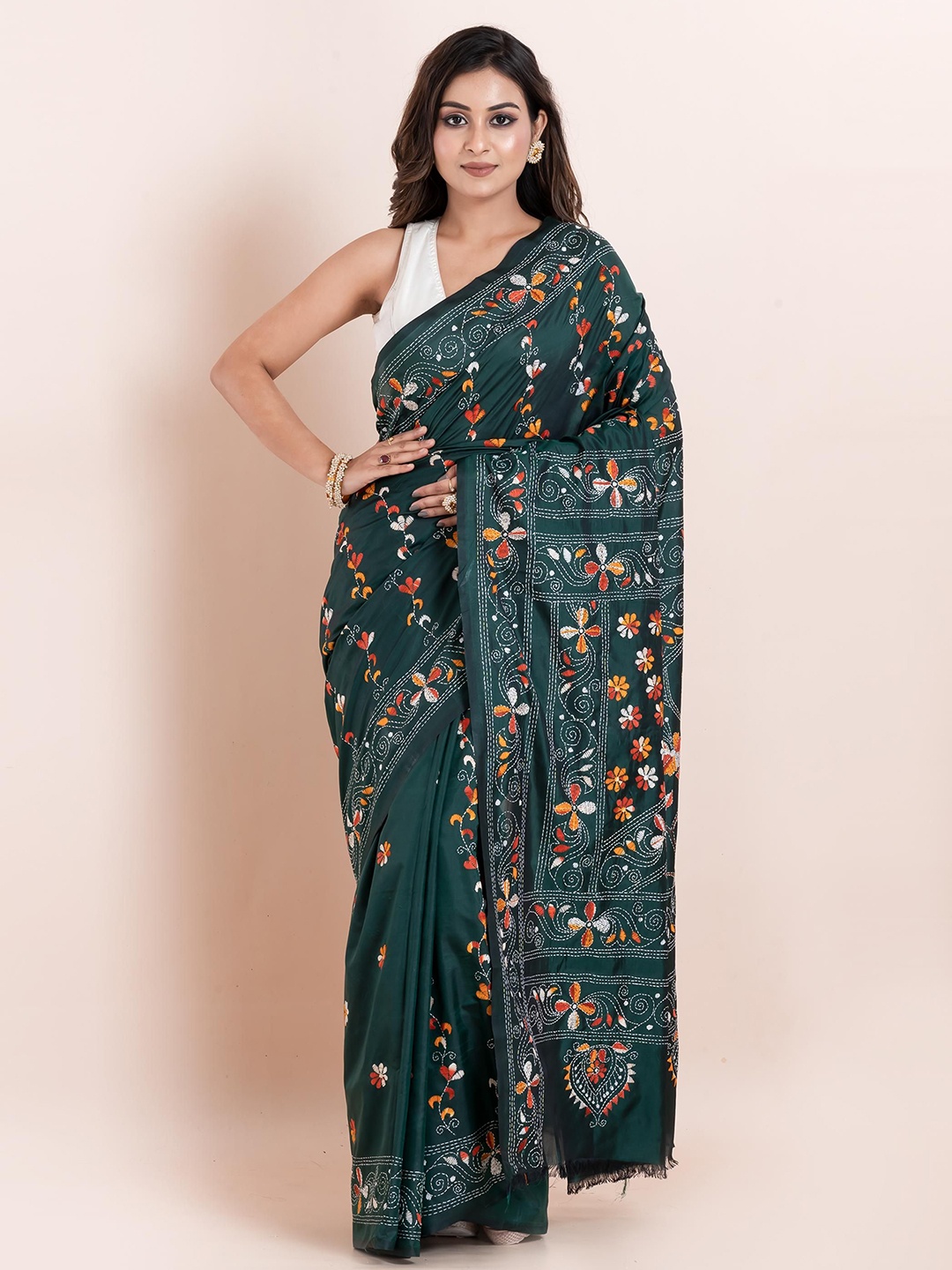 

PUKU Ethnic Motifs Embroidered Kantha Work Saree, Green