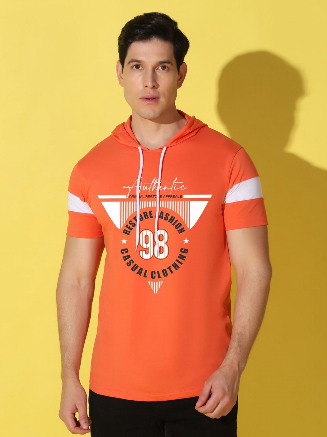 

WOOSTRO Men Typography Printed Hooded Slim Fit T-shirt, Orange