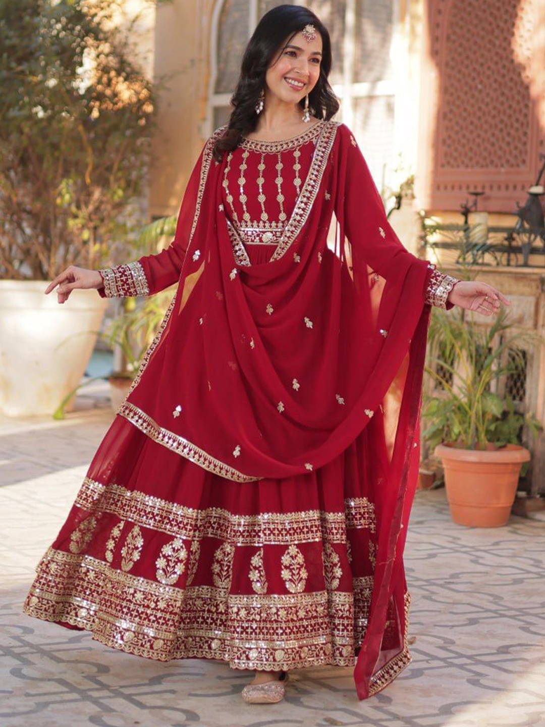 

ZIBLON Ethnic Motifs Embellished Georgette Fit & Flare Maxi Ethnic Dress With Dupatta, Red
