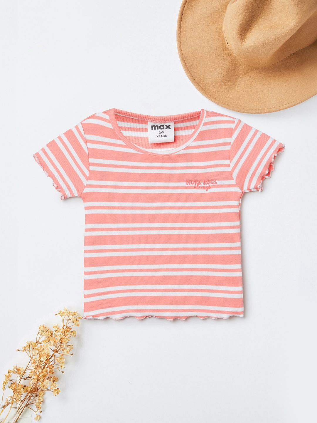 

max Girls Striped Round Neck Regular Cotton Top, Orange