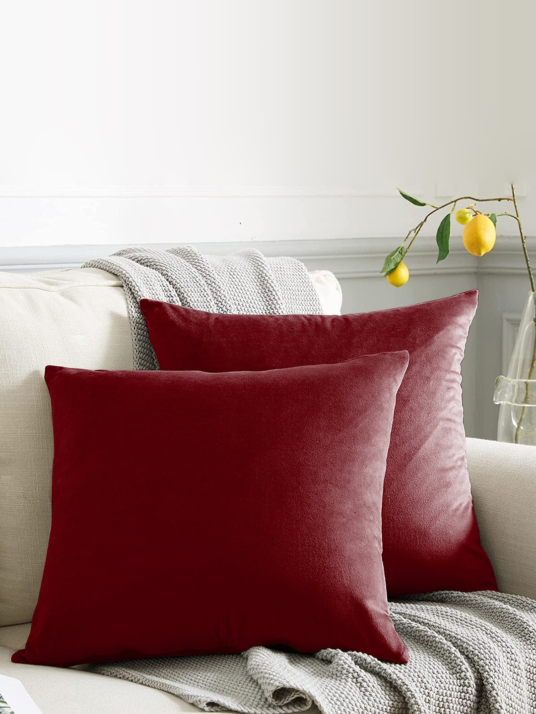 

CASABLEU Maroon Set of 2 Velvet Square Cushion Covers