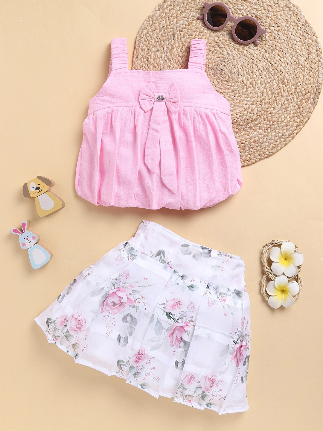 

Toonyport Girls Shulder Strap Top With Printed Skirt, Pink