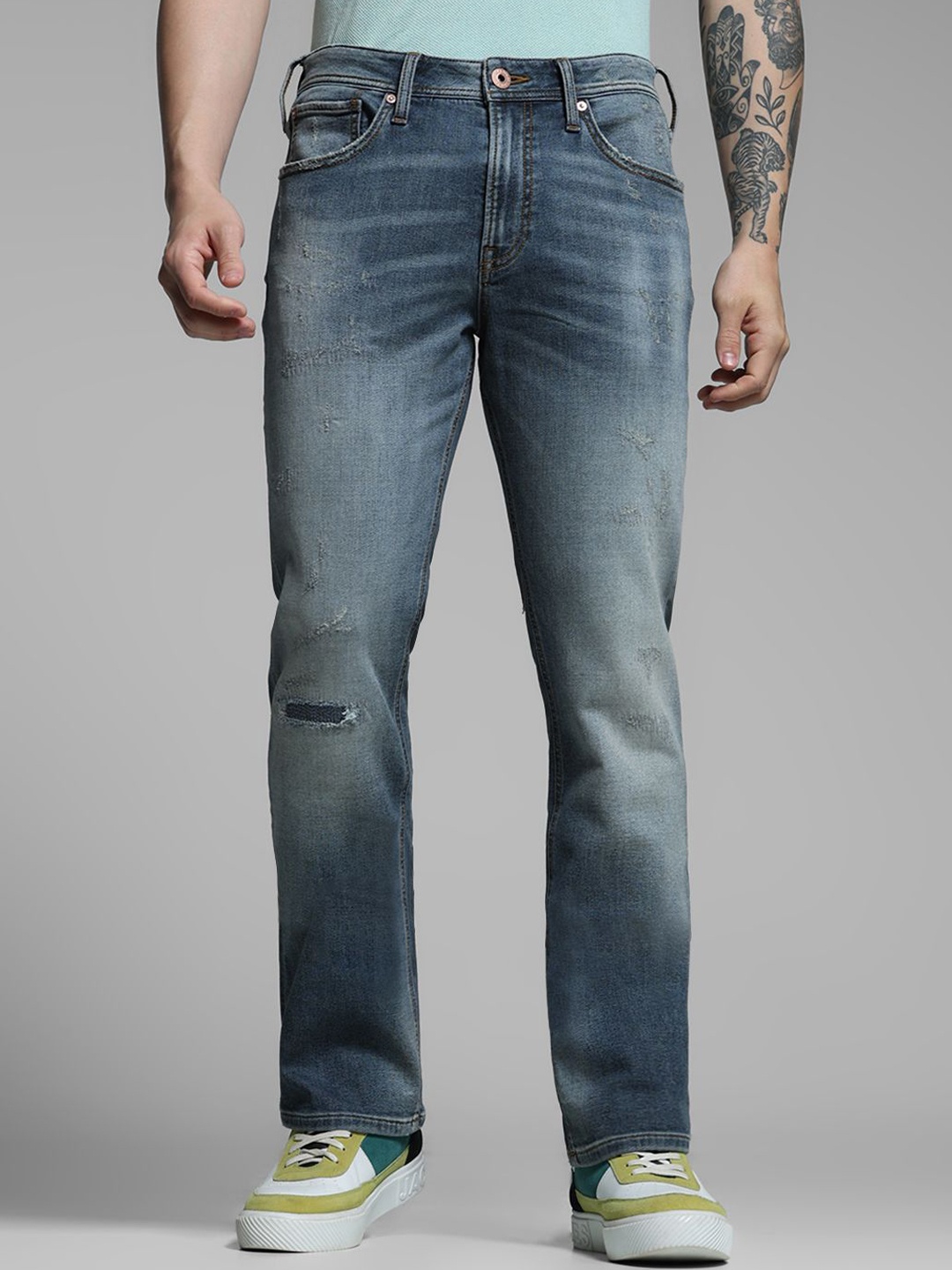 

Jack & Jones Men Bootcut High-Rise Mildly Distressed Light Fade Jeans, Blue